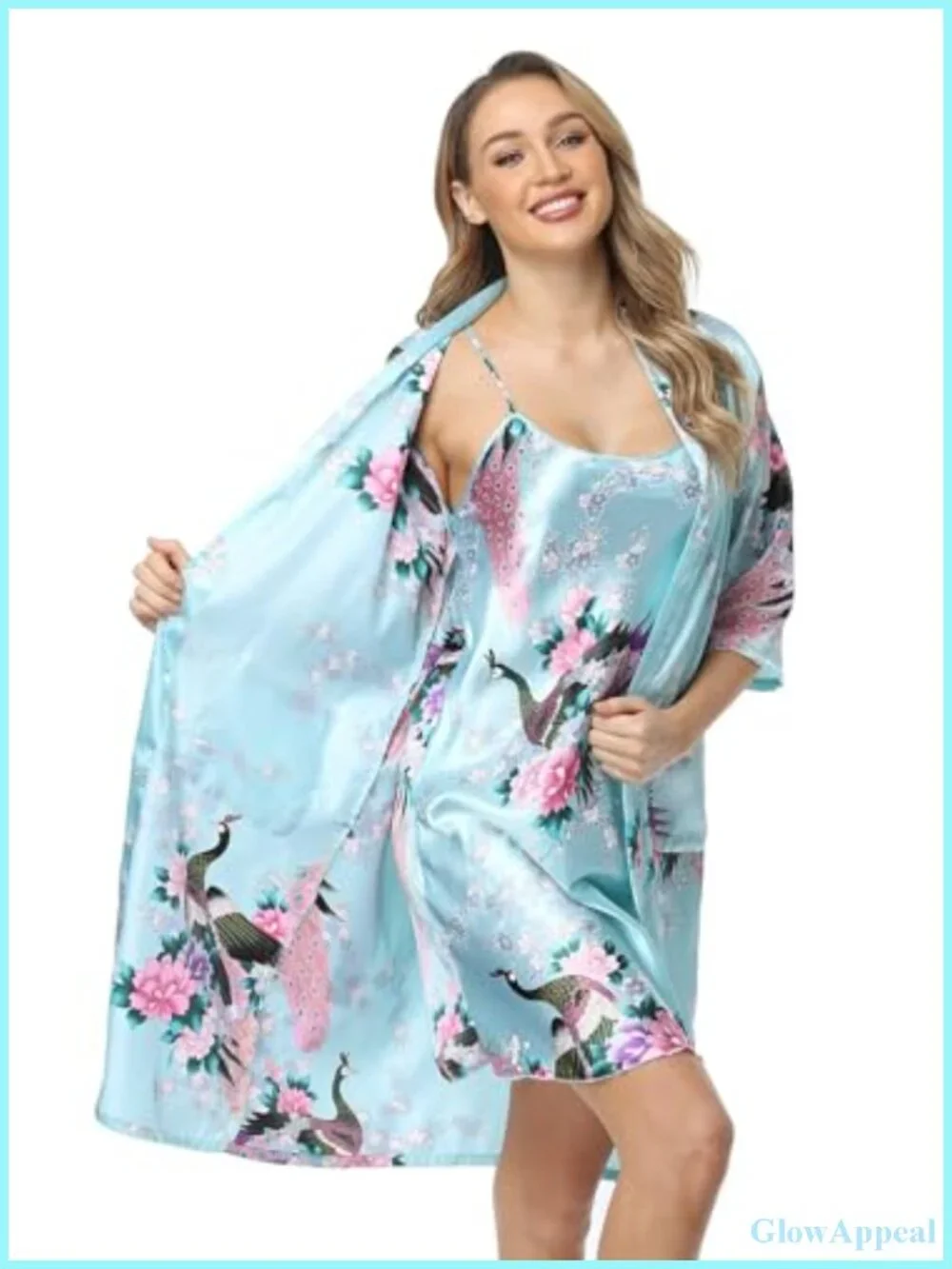 Satin Kimono Robe and Nightgown 2 Piece Set Floral Sleepwear